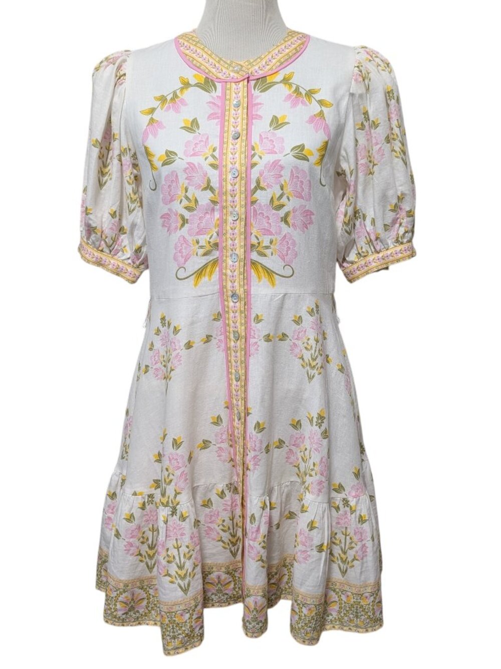A Loves A Womens NWT Sz M Ivory Pink Green Floral Button S/S Mini Dress No Belt